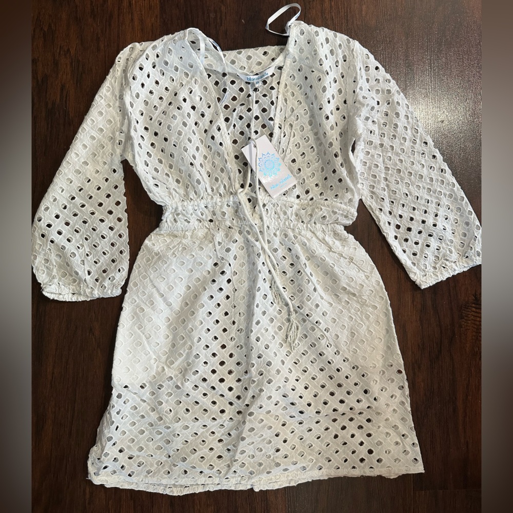 blue island White Eyelet Drawstring Swimsuit Cover-Up